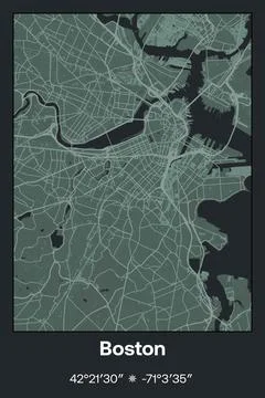 Boston, Massachusetts - vector map of city in Dark gray, Gray, Green, gray-green Stock Illustration