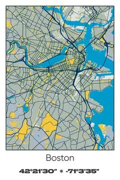 Boston, Massachusetts - vector map of city in Blue, Gray, Yellow, Olive colors Stockillustratie