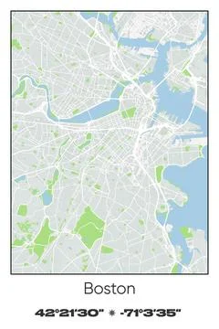 Boston, Massachusetts - vector map of city in Gray, white, green, blue colors Stock Illustration