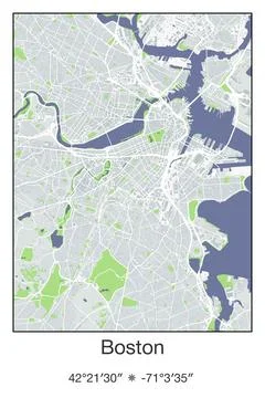 Boston, Massachusetts - vector map of city in Gray, Blue, Green, White colors Stock Illustration