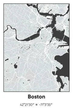 Boston, Massachusetts - vector map of city in Gray, Black, White colors Stock Illustration