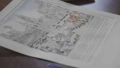 "Boston Massacre" - Tabletop Pan of color Engraved Paul Revere 1770 lithograph Stock Footage 263231937