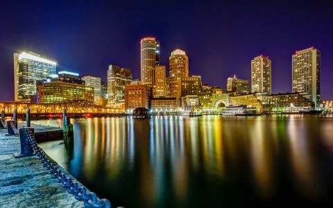 Boston Pier Downtown Skyline Night Stock Photos