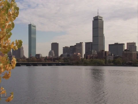 Boston Prudential, John Hancock buildings in autumn from Charles River Stock Footage 86750368