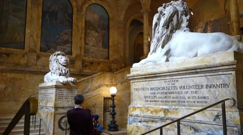 Boston public library lion statues at the main entrance Stock Footage 56325070