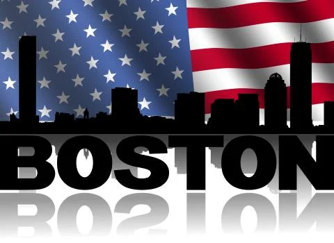 Boston skyline and text reflected with rippled american flag illustration Ilustración de archivo