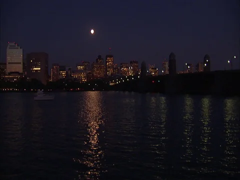 Boston skyline at night under full moon. Stock Footage 86750255