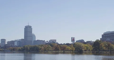 Boston Skyline Prudential Center and Citgo Sign Across Charles River Stock Footage