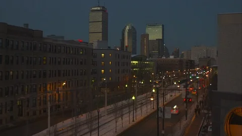 Boston Skyline, Sunset Time Lapse, Huntington Ave. in Winter, Traffic Stock Footage 127251444