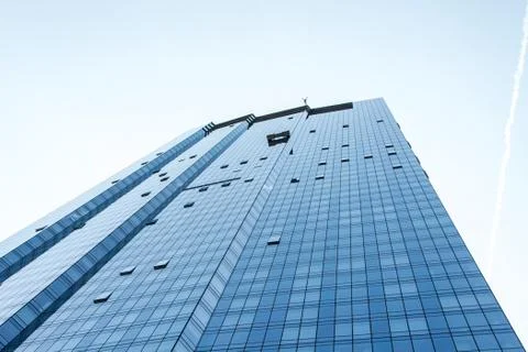 Boston Skyline syscraper group workers cleaning windows service on high rise  Stock Photos
