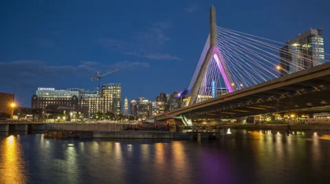 Boston Sunset under the Leonard P. Zakim Bunker Hill Bridge Stock Footage 68213831