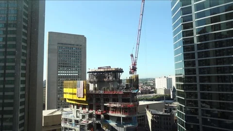 Boston Tower Crane on Skyscraper - Wide Shot Stock Footage 77299175