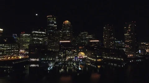 Boston Waterfront at Night - (Aerial View) 4K - Slow Rise Stock Footage