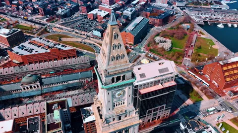 Boston's Custom House Clock Tower top view. Stock Footage 309405760