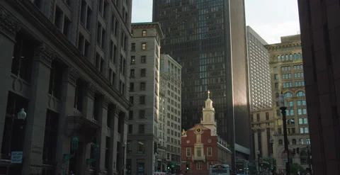 Boston's original colonial Old State house on State St. handheld Stock Footage 219070085