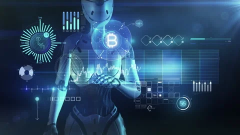 Bot and bitcoin graphic elements, 3D render. Stock Footage 212646047
