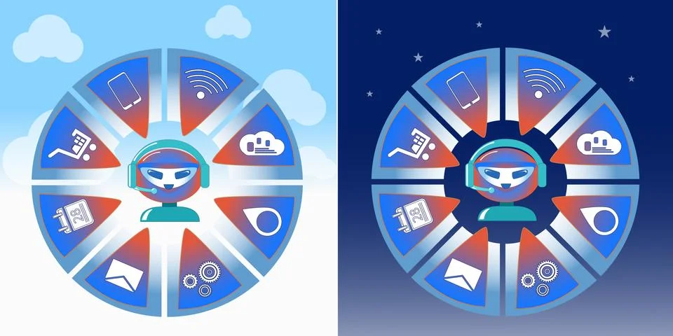 Bot. Chat bot, virtual help robot. A robot and icons around it. Stock Illustration