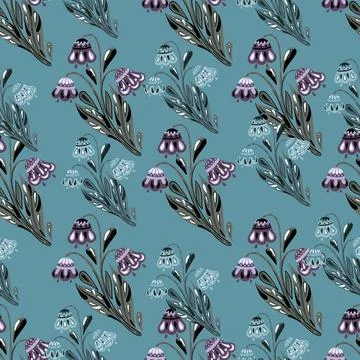 Botanic abstract seamless pattern with purple and blue flowers ornament. Blue Stock Illustration