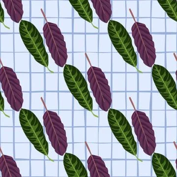 Botanic bright seamless pattern with hand drawn purple and green leaves silho 스톡 일러스트