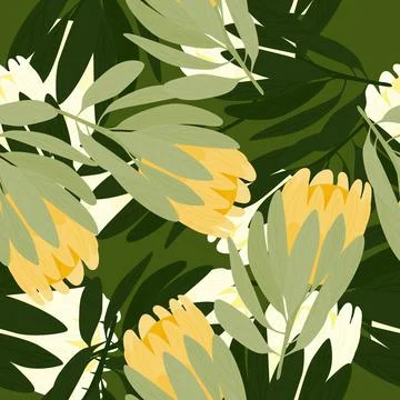 Botanic floral seamless pattern with protea flowers ornament. Green foliage e Stock Illustration