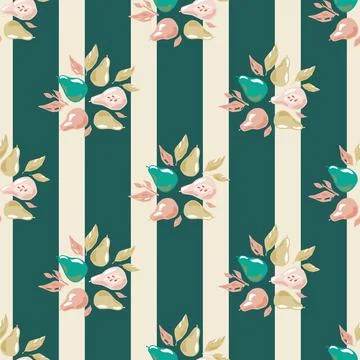 Botanic fruit seamless pattern with turquoise and pink colored pears and leav Stock Illustration