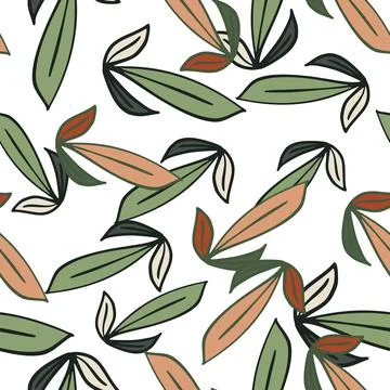 Botanic isolated seamless pattern with pink and green leaf outline print. Whi Stock Illustration