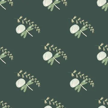Botanic print pattern with damselfly, blowball and twig. Green background. Stock Illustration