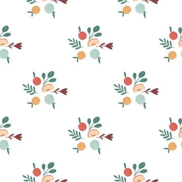 Botanic print seamless pattern with red and blue apples and leaves elements.  Illustrazione stock