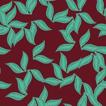 Botanic random blue season leaf seamless pattern. Maroon background. Herbal n Illustrazione stock