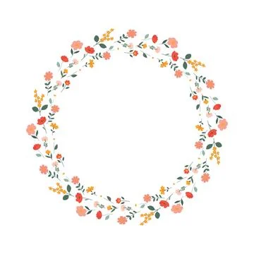 Botanic round frame in flat style. Childish style border of bouquet. Floral.. Stock Illustration