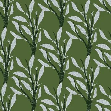 Botanic seamless doodle pattern with grey leaves branches. Green olive backgr 스톡 일러스트