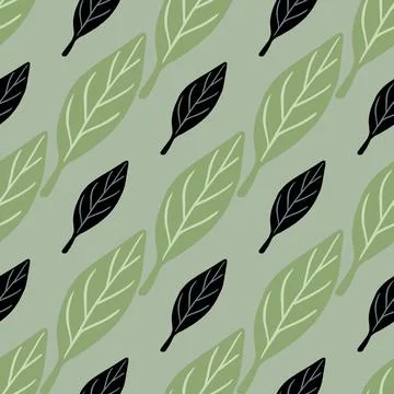 Botanic seamless pattern with black and green simple leaf elements. Pale blue Illustrazione stock