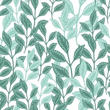 Botanic seamless pattern with blue isolated leaf foliage shapes. White backgr Illustrazione stock