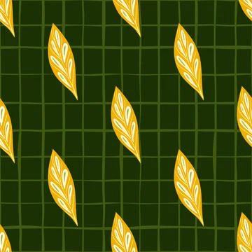 Botanic seamless pattern with bright orange leaf shapes. Dark green chequered Stock Illustration