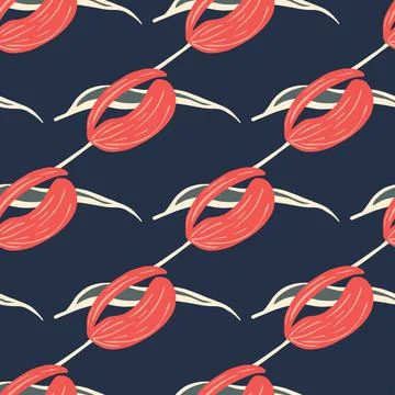 Botanic seamless pattern with bright pink simple tulip flowers elements. Navy イラスト素材