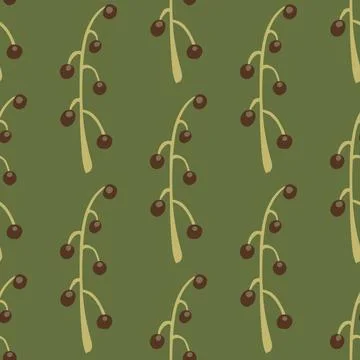 Botanic seamless pattern with brown berries and beige branches. Green pale ba Illustrazione stock