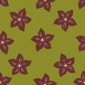 Botanic seamless pattern with brown tropic flowers elements. Green olive back Illustrazione stock