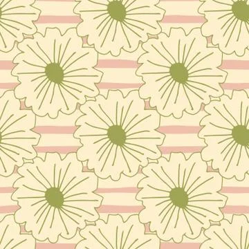 Botanic seamless pattern with daisy flowers. Outline herbal ornament in green 스톡 일러스트