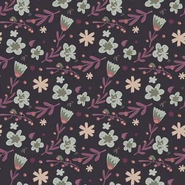 Botanic seamless pattern with doodle flower silhouettes and leaf elements. Pu 스톡 일러스트