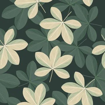 Botanic seamless pattern with doodle scheffler flowers elements. Green backgr Illustrazione stock