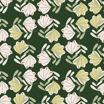 Botanic seamless pattern with doodle simple flower buds silhouettes. Green ba 스톡 일러스트