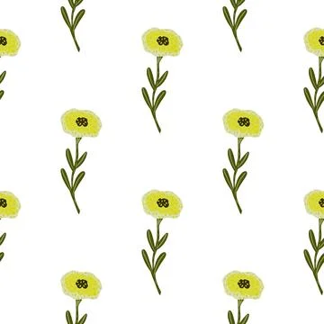 Botanic seamless pattern with isolated yellow simple flower shapes. White bac 스톡 일러스트
