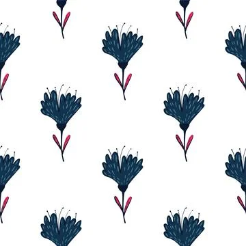 Botanic seamless pattern with navy blue wild flowers ornament. White backgrou 스톡 일러스트