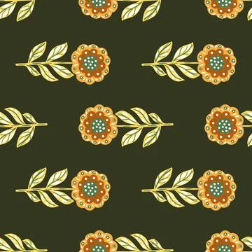 Botanic seamless pattern with orange ornamental folk flowers elements ornamen イラスト素材
