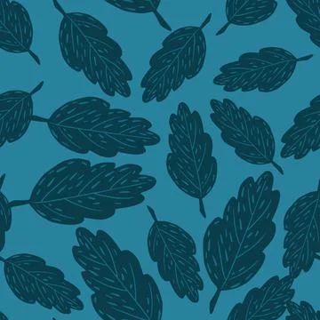 Botanic seamless pattern with random doodle navy blue autumn foliage. Leaf pr Stock Illustration