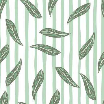 Botanic seamless pattern with random green abstract leaf shapes. Striped back Illustrazione stock
