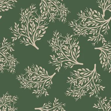 Botanic seamless pattern with random vintage bush elements. Green dark backgr Stock Illustration