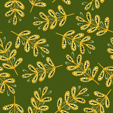 Botanic seamless pattern with random yellow leaf branches elements. Green bac 库存插图