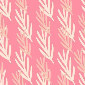 Botanic seamless pattern with simple leaf branches white ornament. Pink brigh Illustrazione stock