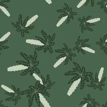 Botanic seamless random pattern with hand drawn palm tree ornament. Green bac Stock Illustration